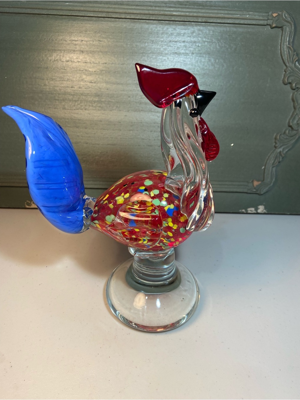 Handblown Glass Rooster Figurine in Red and Blue Accent
